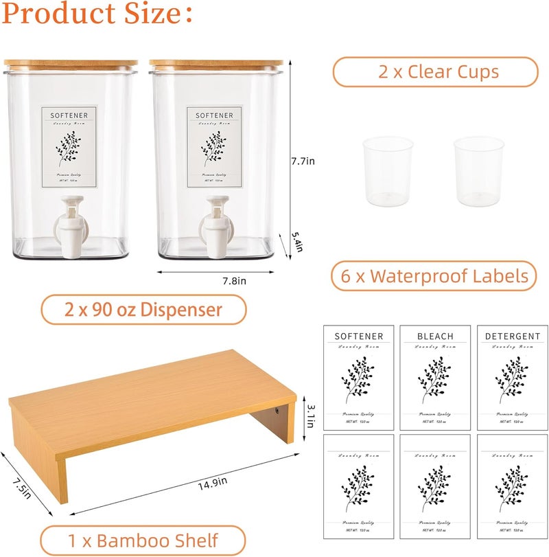 RoleDes Liquid Laundry Detergent Dispenser Set with Shelf and Bamboo Lids for Laundry Room Organization and Storage - 2 Pack 96 oz Laundry Containers for Laundry Soap, Fabric Softener - Image 5